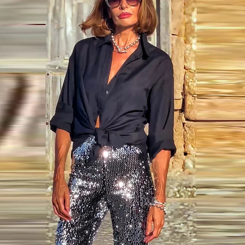 Elegant Elastic high rise sequin trousers