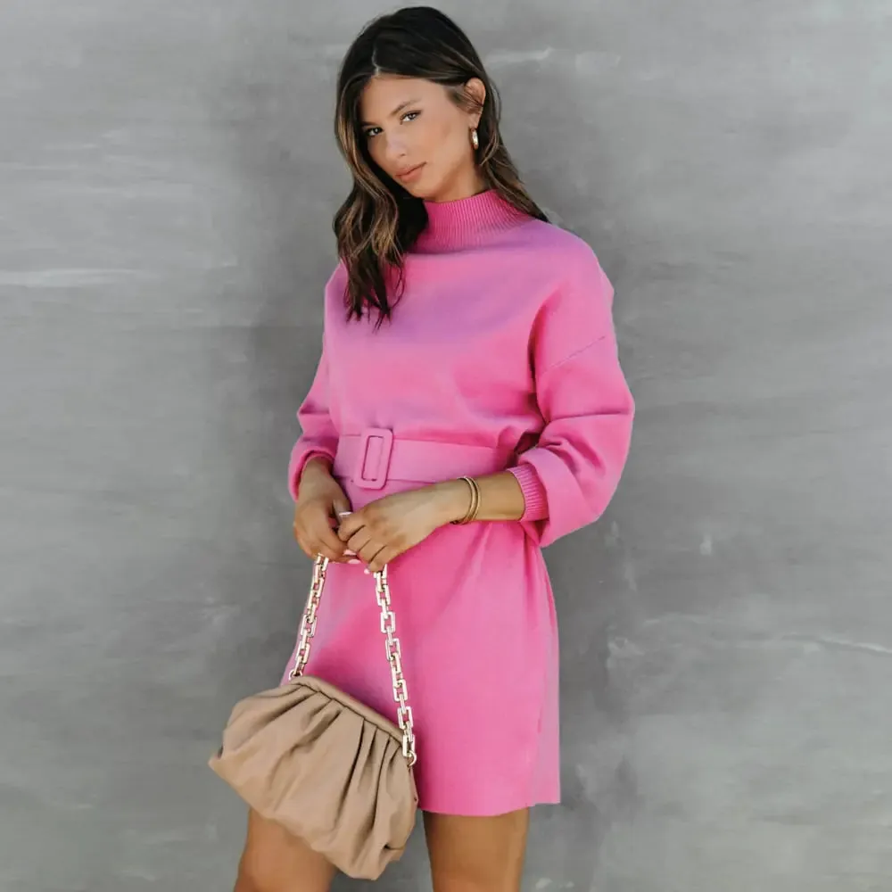 Elegant Turtleneck Sweater Dress with Belt^