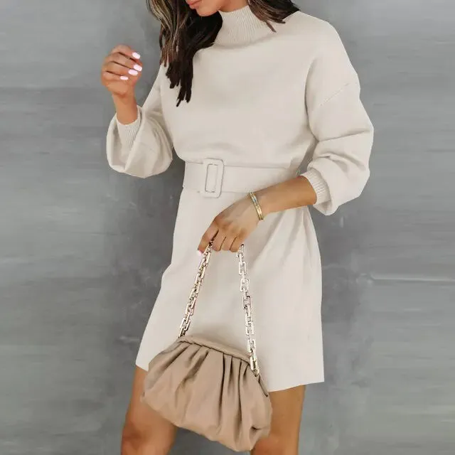 Elegant Turtleneck Sweater Dress with Belt^