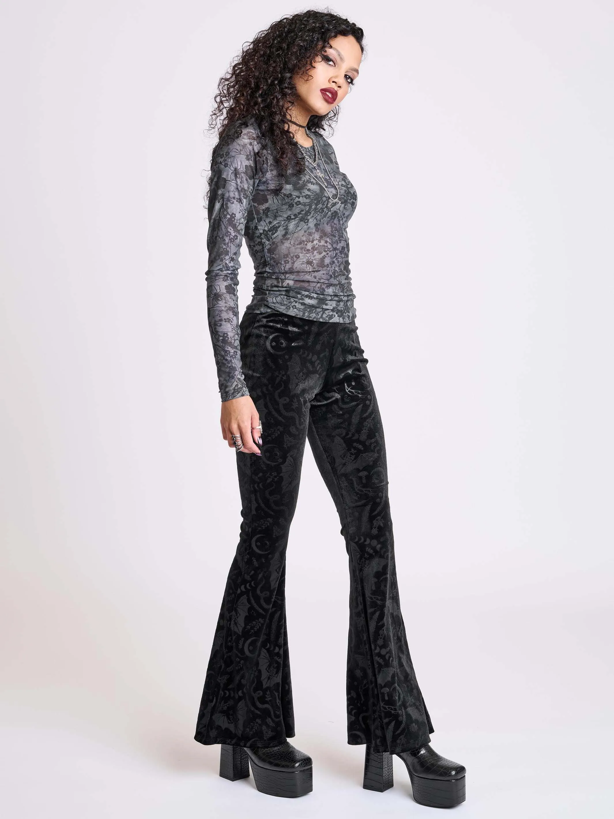 Embossed Black Velvet Flared Legging