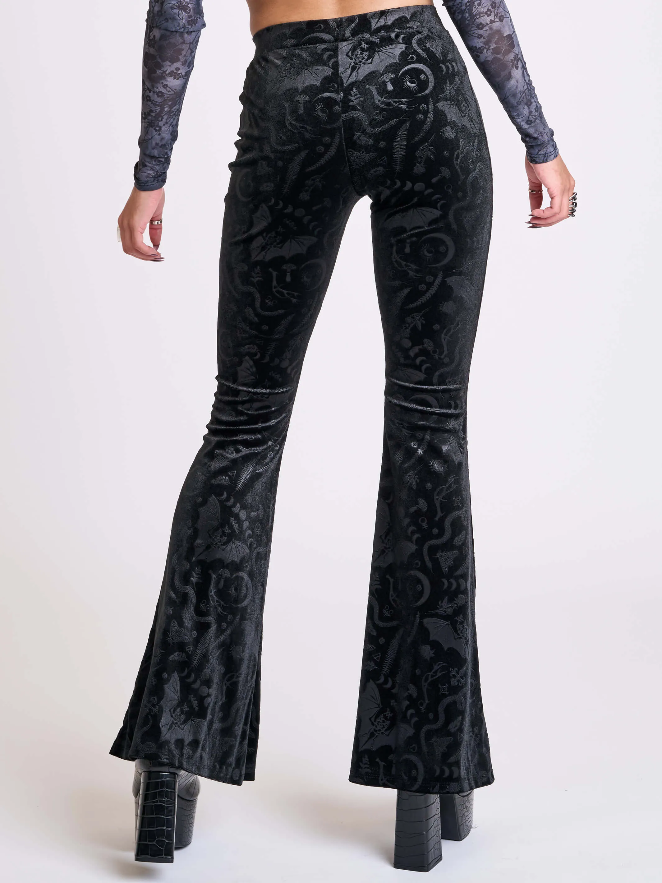 Embossed Black Velvet Flared Legging