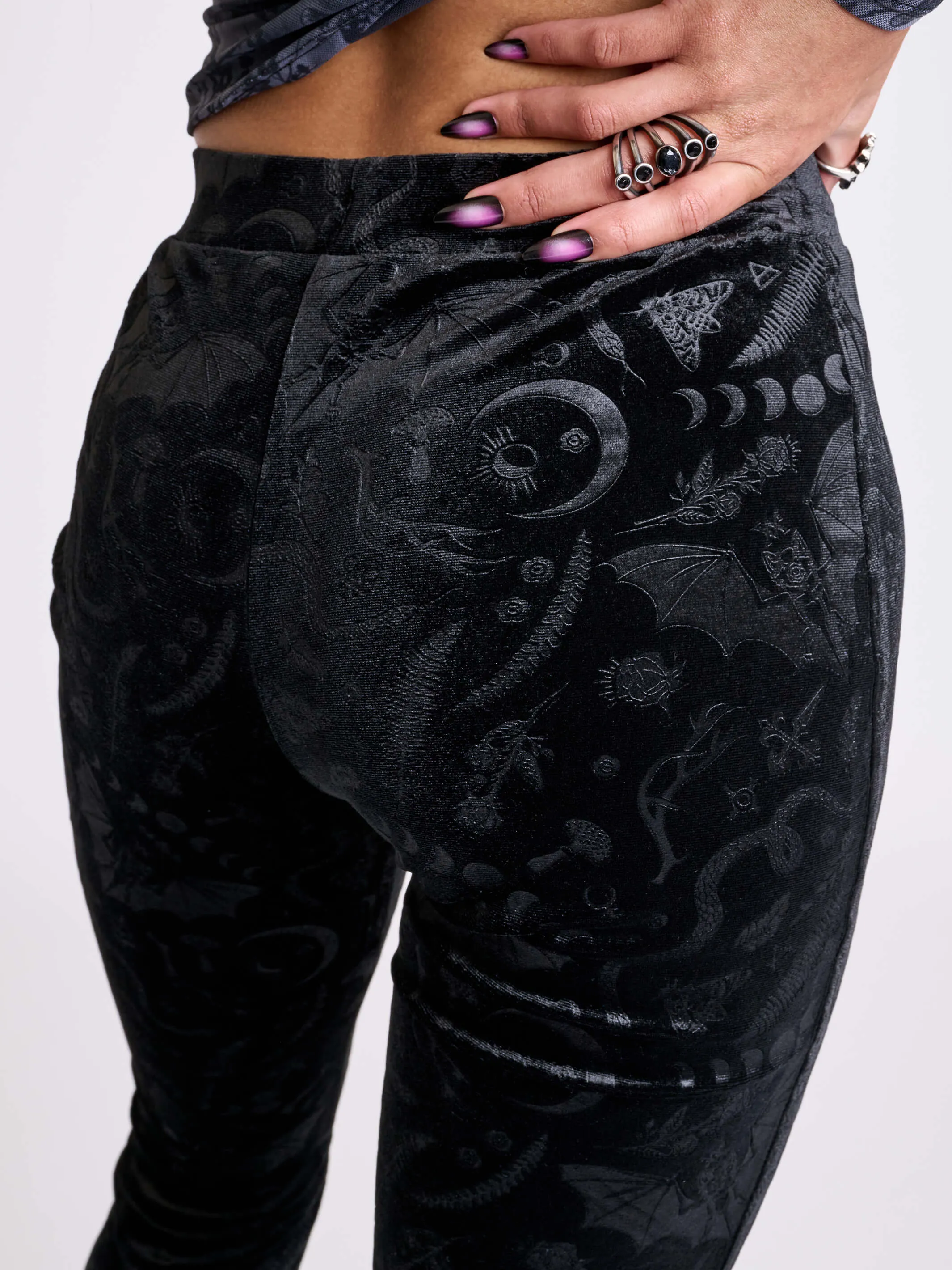 Embossed Black Velvet Flared Legging