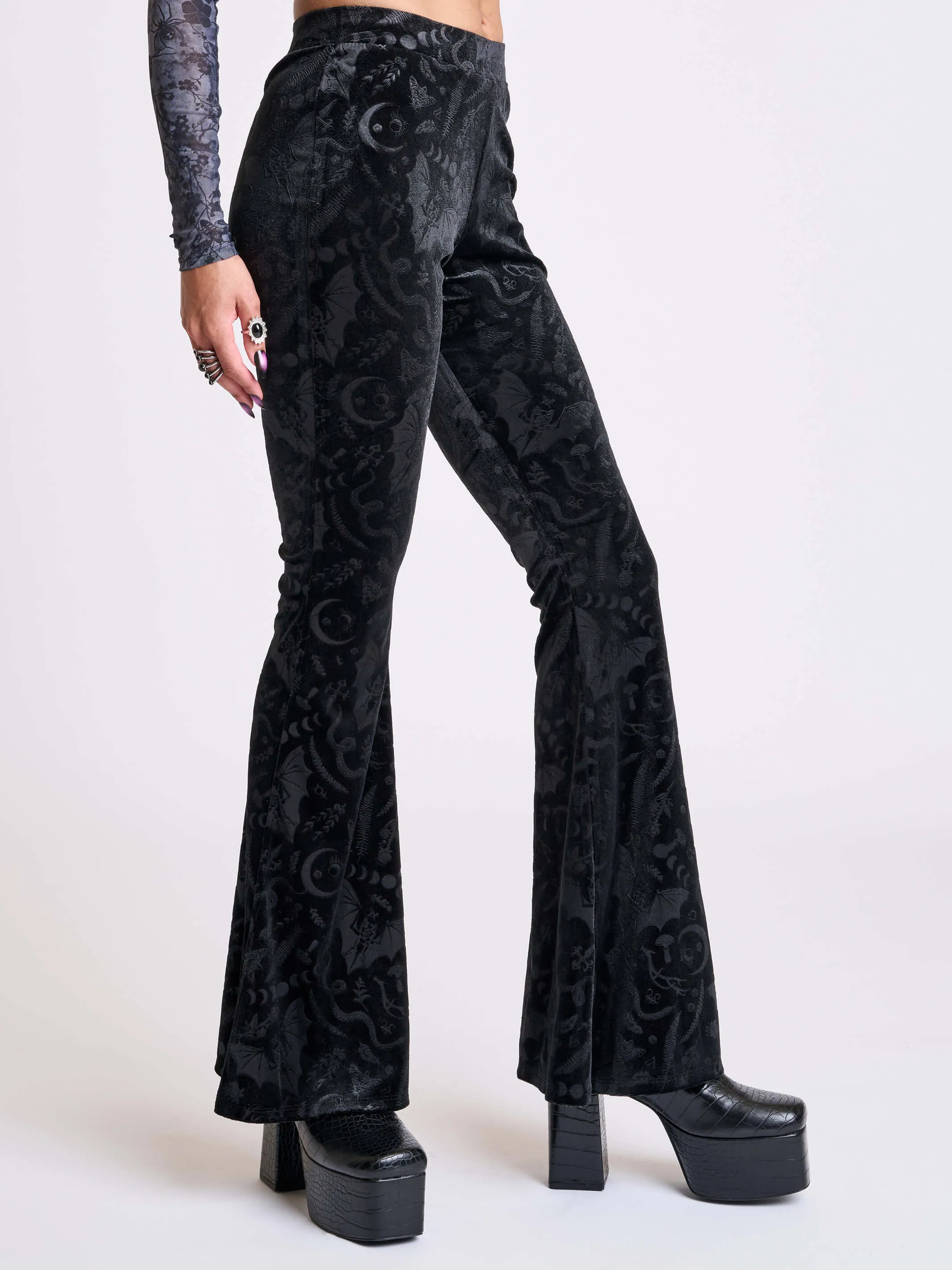 Embossed Black Velvet Flared Legging