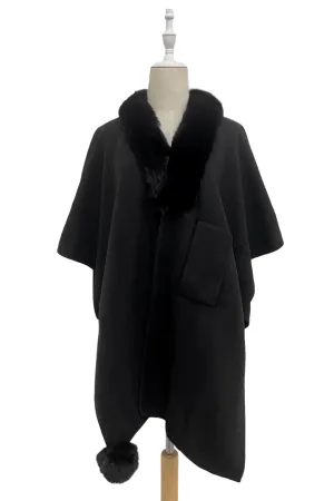 Faux Fur Trim Pull Through Wool Cape