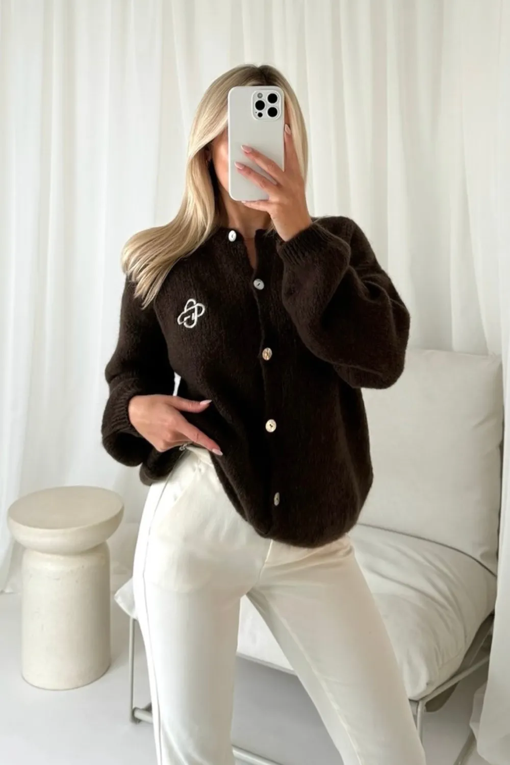 G monogram chocolate embroidered knit button up cardigan