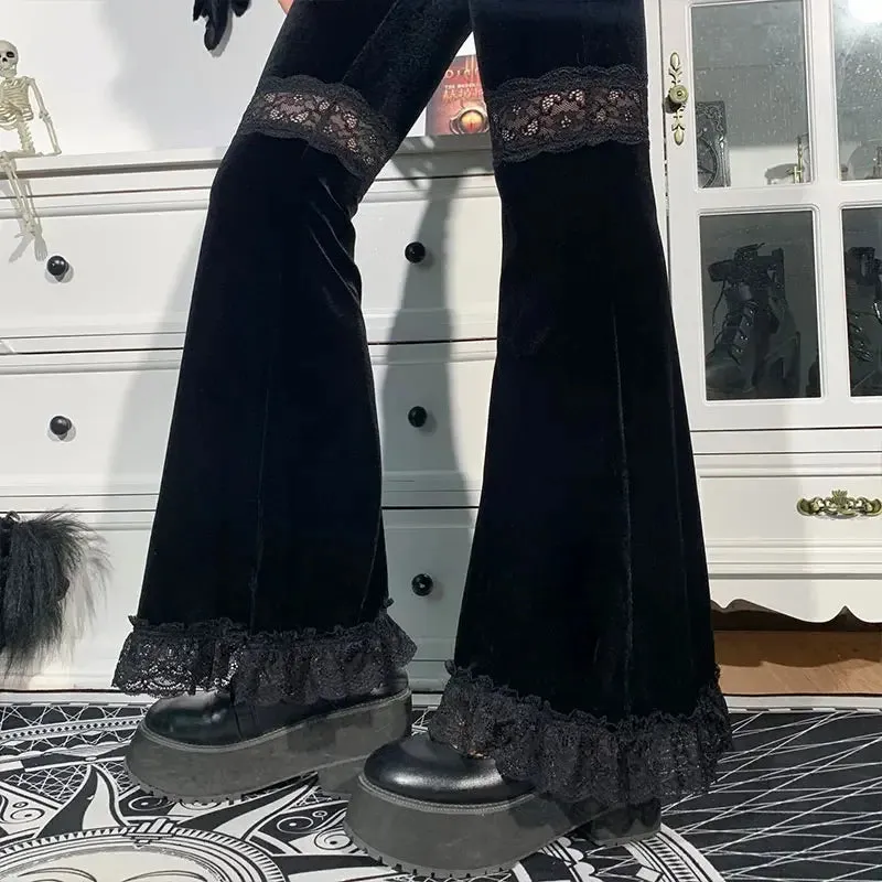 Girlary Goth High Waist Flared Pants Aesthetic Sexy Lace Patchwork Women's Pants Vintage Elegant Velvet Christmas Trousers