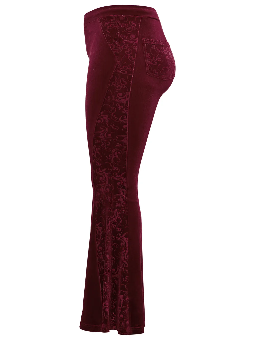 Gothic Burgundy Velvet Flared Pants with Embossed Details