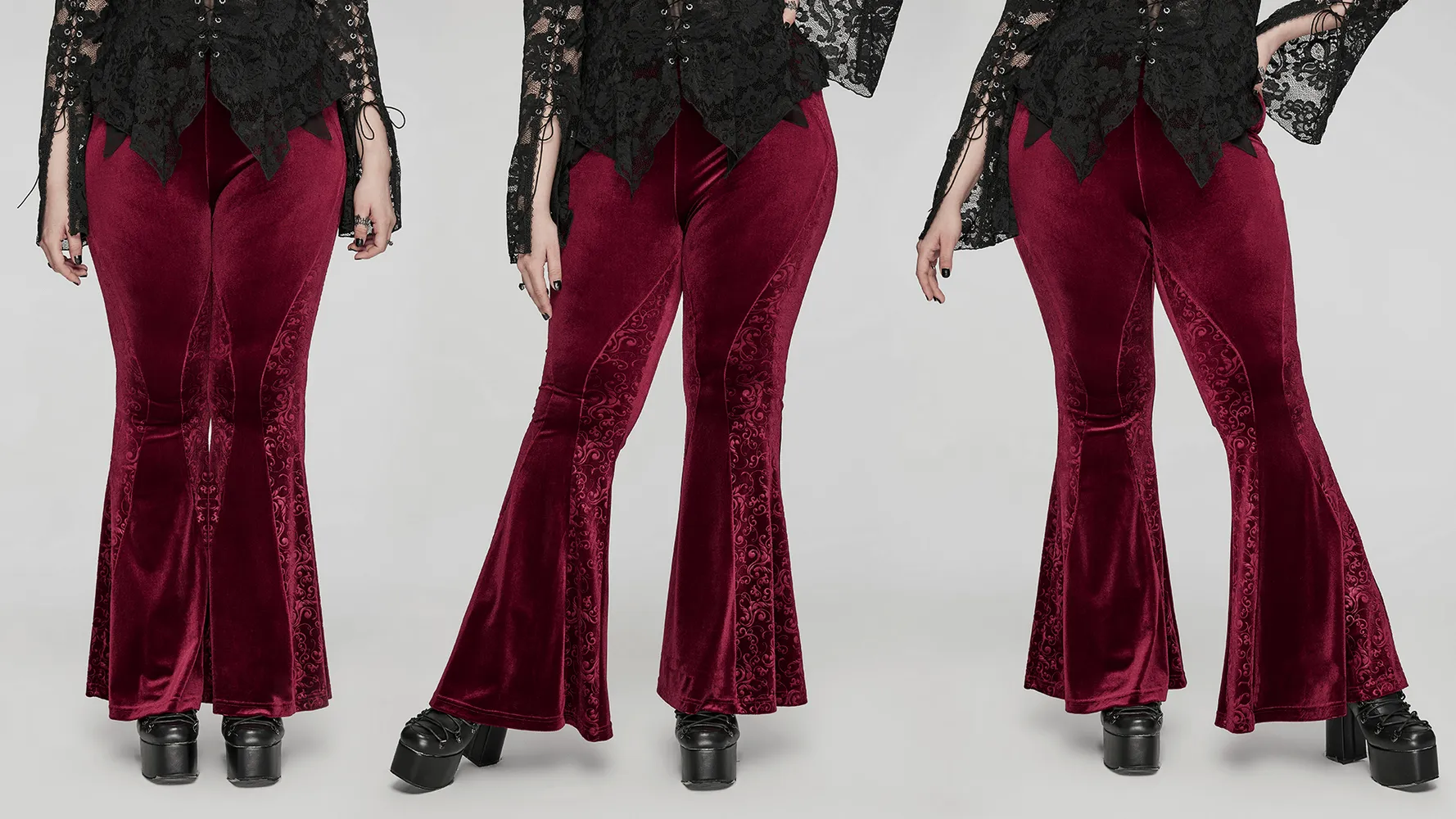 Gothic Burgundy Velvet Flared Pants with Embossed Details