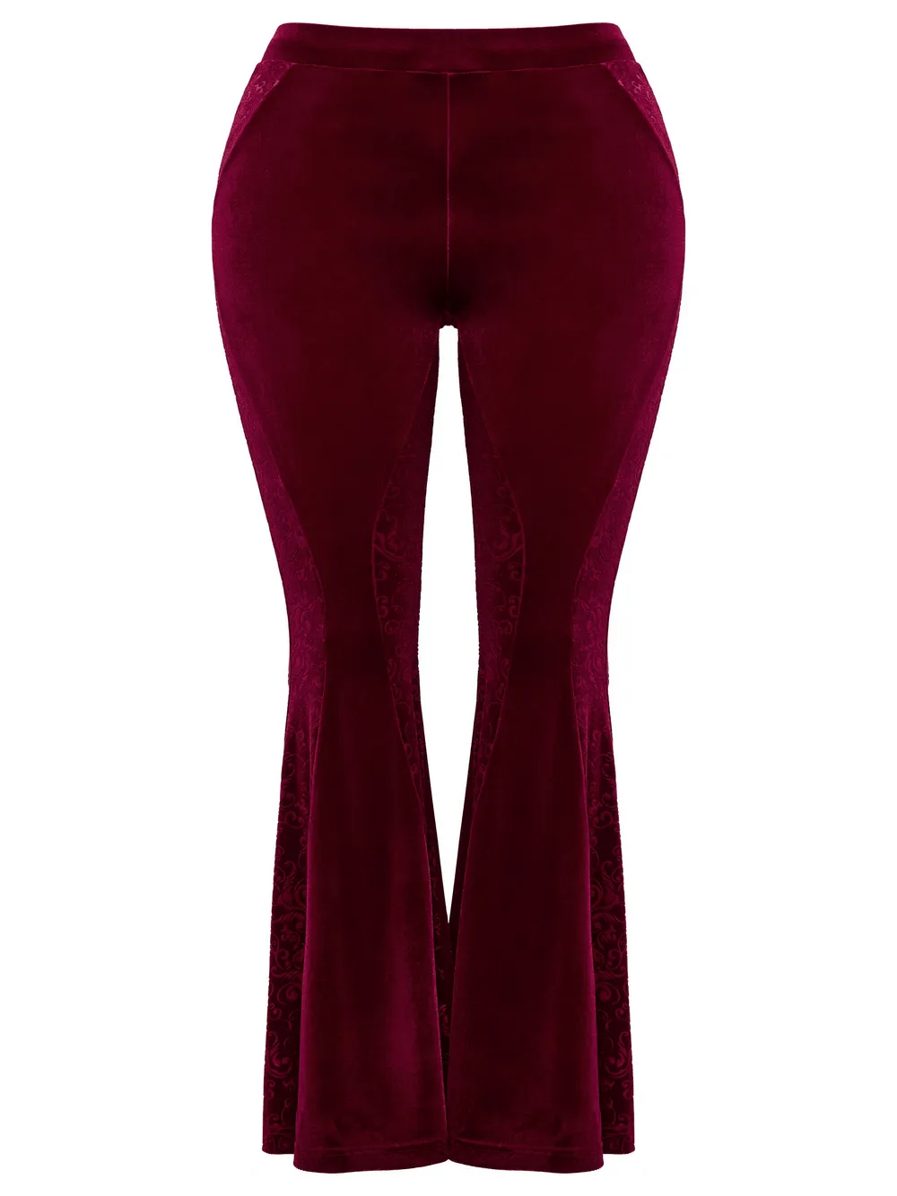 Gothic Burgundy Velvet Flared Pants with Embossed Details