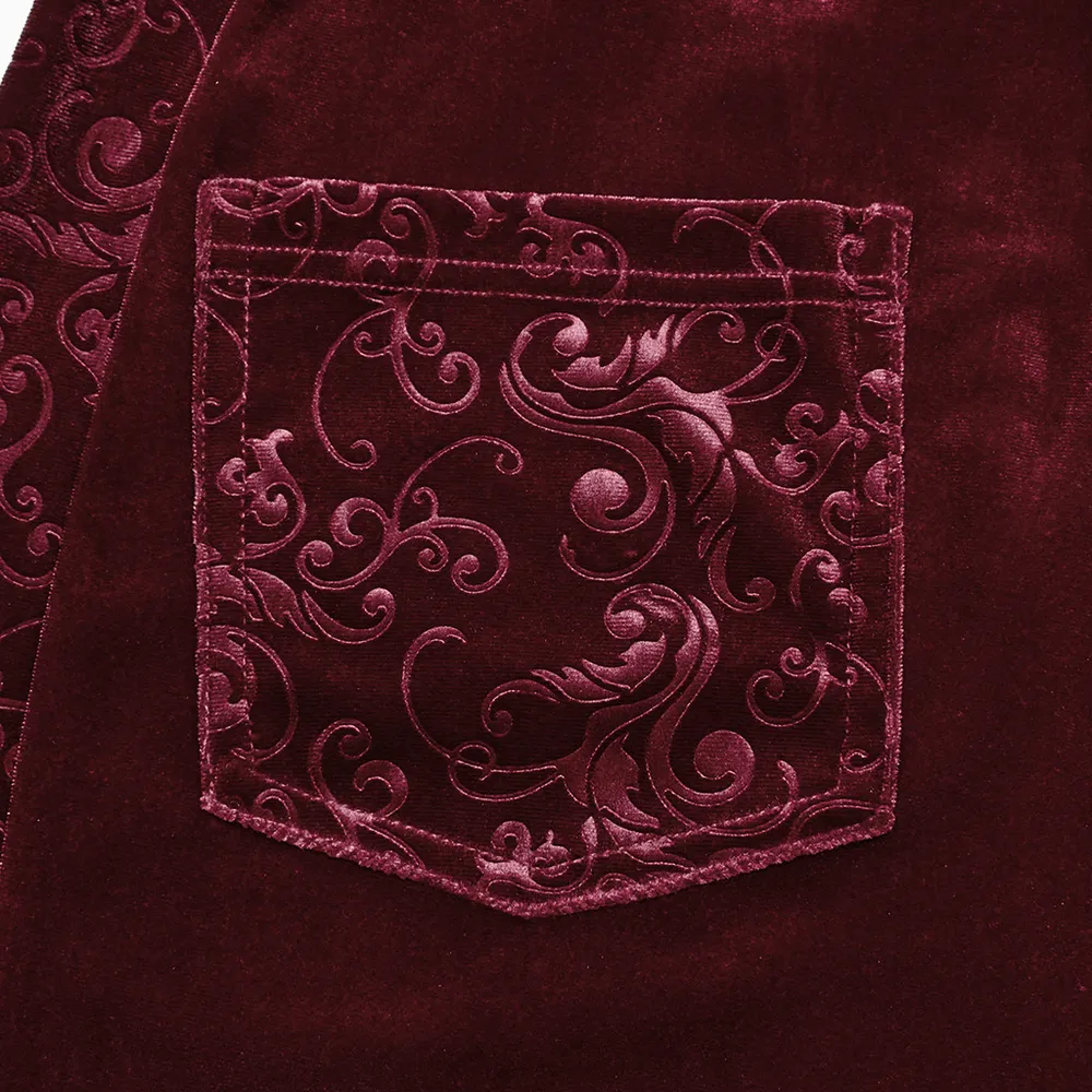 Gothic Burgundy Velvet Flared Pants with Embossed Details