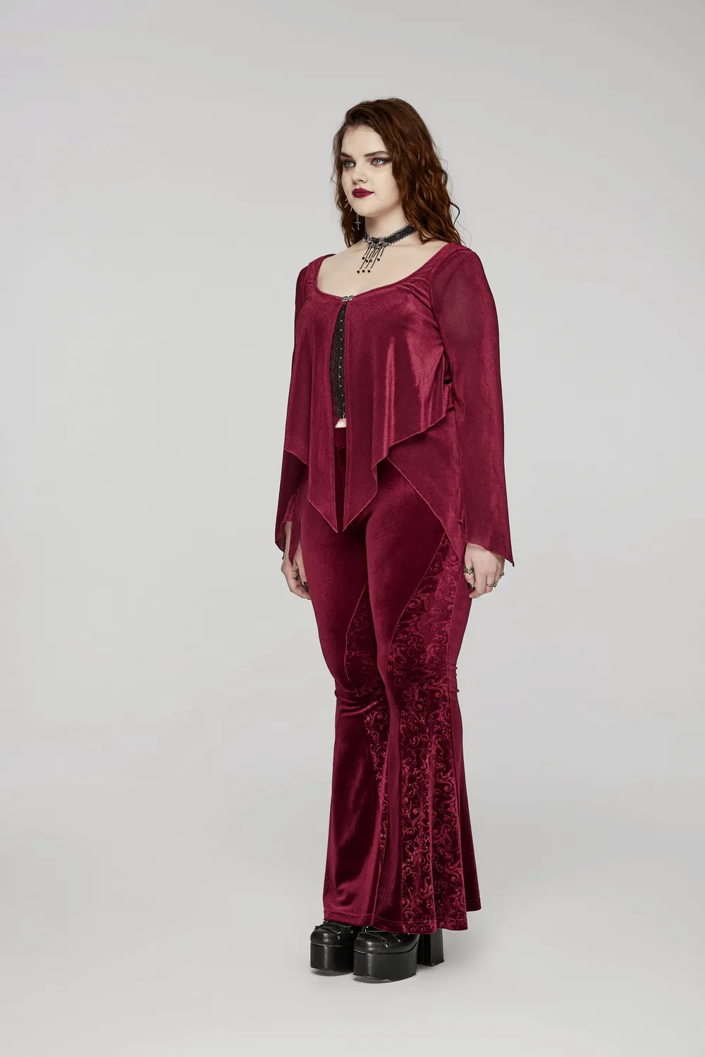 Gothic Burgundy Velvet Flared Pants with Embossed Details