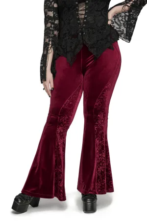 Gothic Burgundy Velvet Flared Pants with Embossed Details