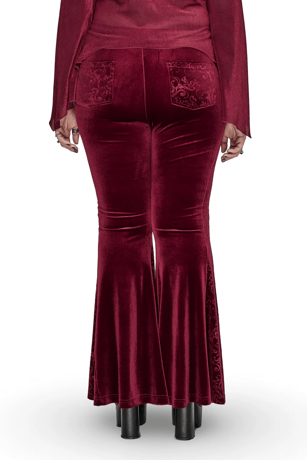 Gothic Burgundy Velvet Flared Pants with Embossed Details