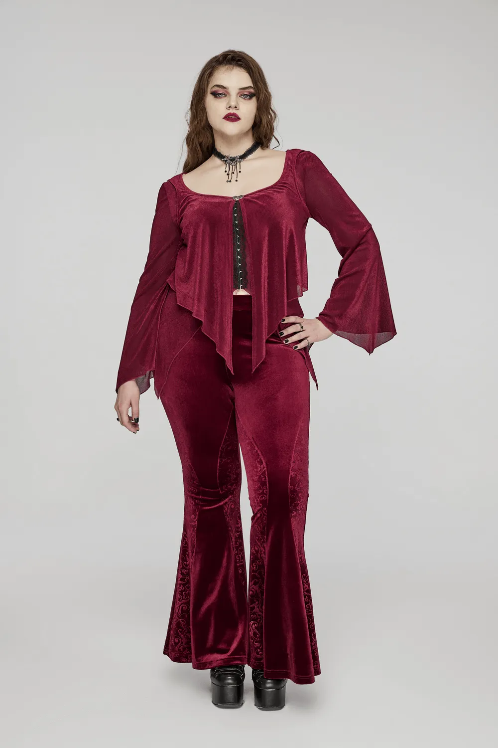 Gothic Burgundy Velvet Flared Pants with Embossed Details