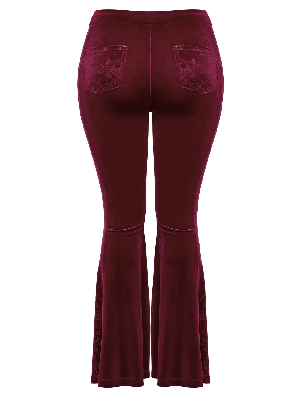 Gothic Burgundy Velvet Flared Pants with Embossed Details