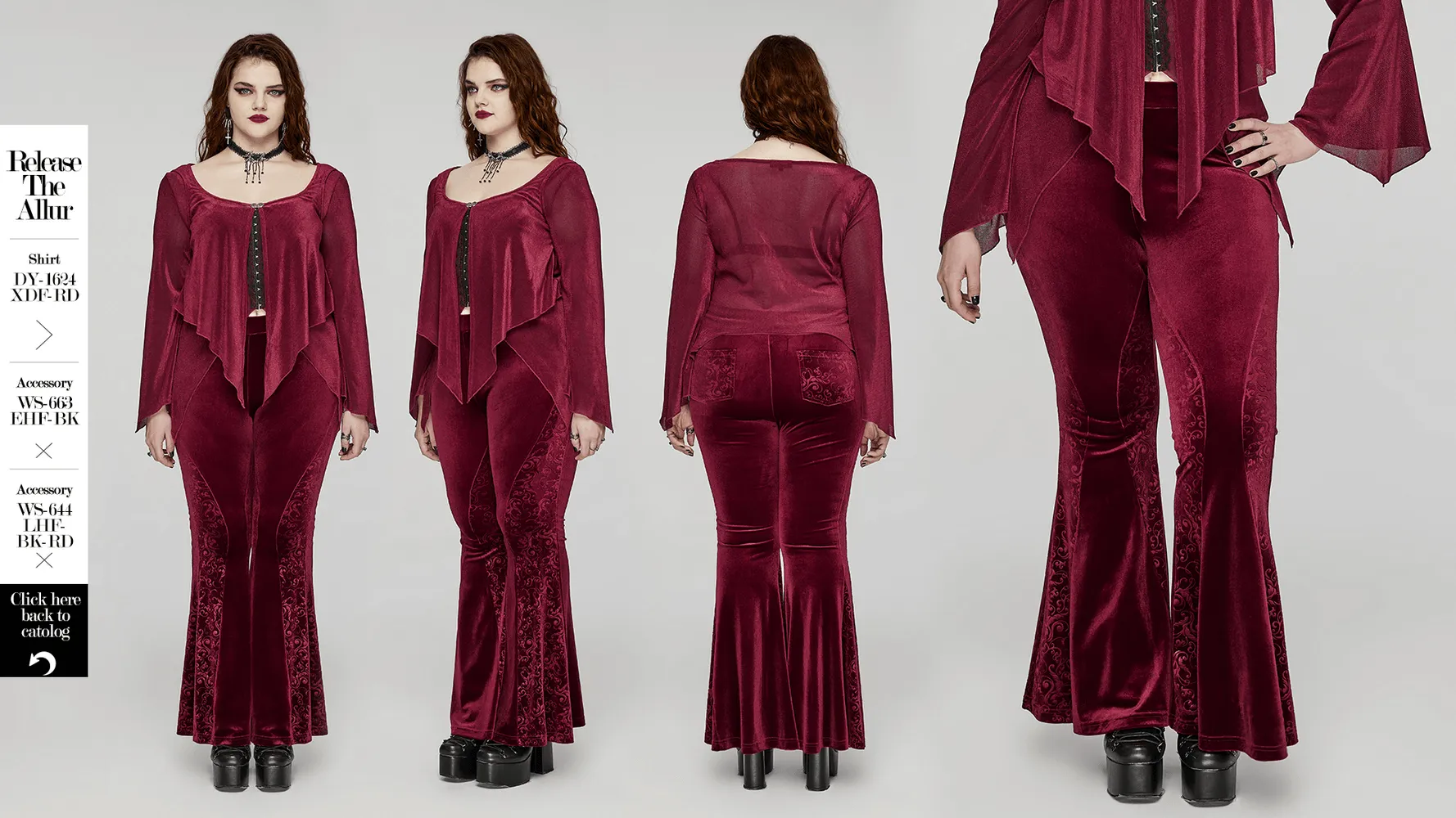 Gothic Burgundy Velvet Flared Pants with Embossed Details