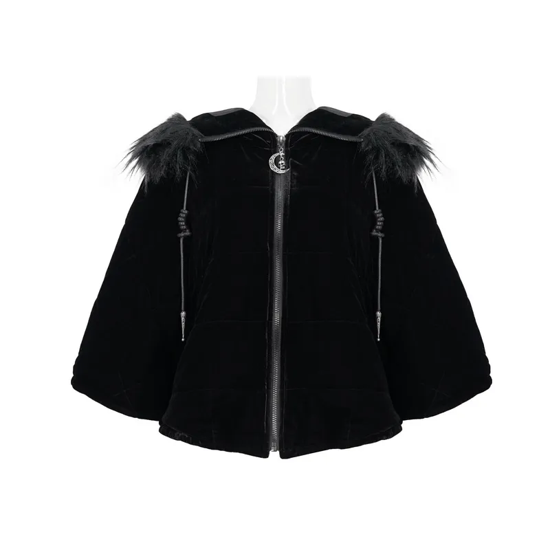 Gothic Faux Fur Hooded Cape / Warm Short Zipper Cape for Women / Alternative Female Clothing