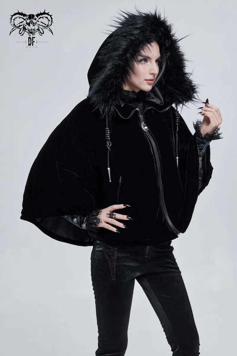 Gothic Faux Fur Hooded Cape / Warm Short Zipper Cape for Women / Alternative Female Clothing