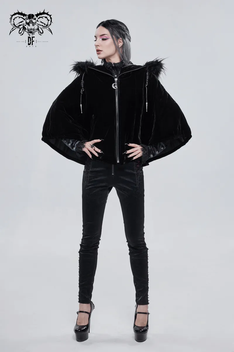 Gothic Faux Fur Hooded Cape / Warm Short Zipper Cape for Women / Alternative Female Clothing