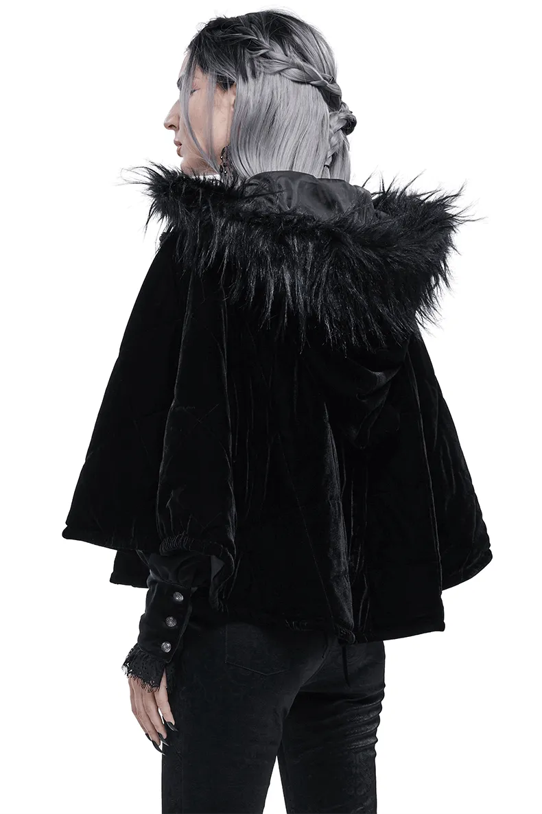 Gothic Faux Fur Hooded Cape / Warm Short Zipper Cape for Women / Alternative Female Clothing