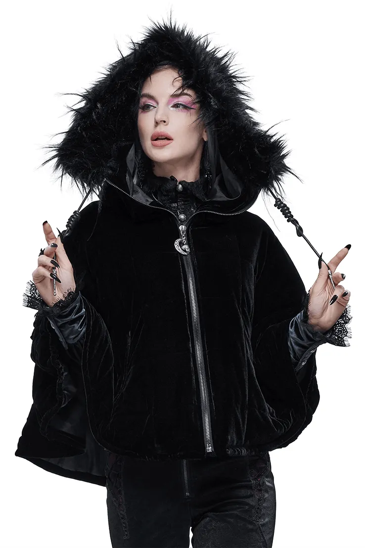 Gothic Faux Fur Hooded Cape / Warm Short Zipper Cape for Women / Alternative Female Clothing