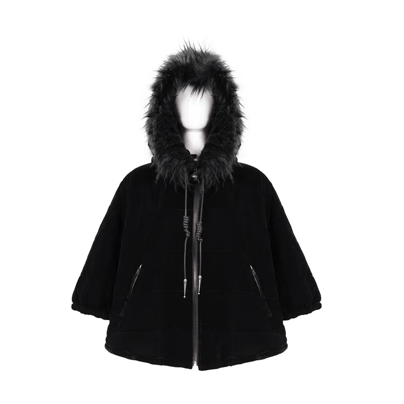 Gothic Faux Fur Hooded Cape / Warm Short Zipper Cape for Women / Alternative Female Clothing