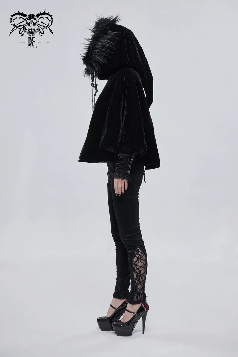 Gothic Faux Fur Hooded Cape / Warm Short Zipper Cape for Women / Alternative Female Clothing