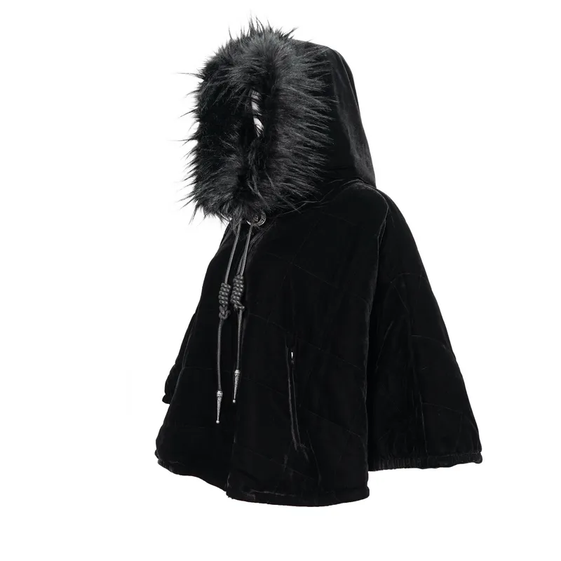 Gothic Faux Fur Hooded Cape / Warm Short Zipper Cape for Women / Alternative Female Clothing