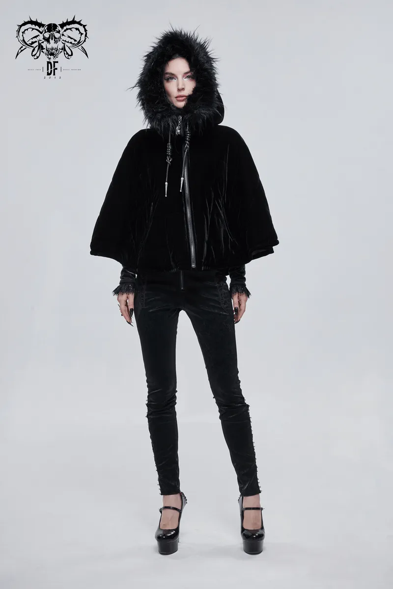 Gothic Faux Fur Hooded Cape / Warm Short Zipper Cape for Women / Alternative Female Clothing