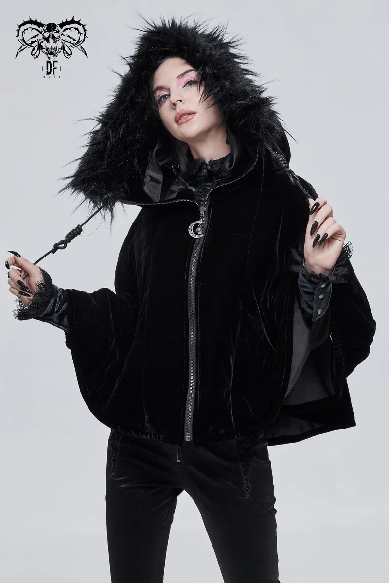 Gothic Faux Fur Hooded Cape / Warm Short Zipper Cape for Women / Alternative Female Clothing