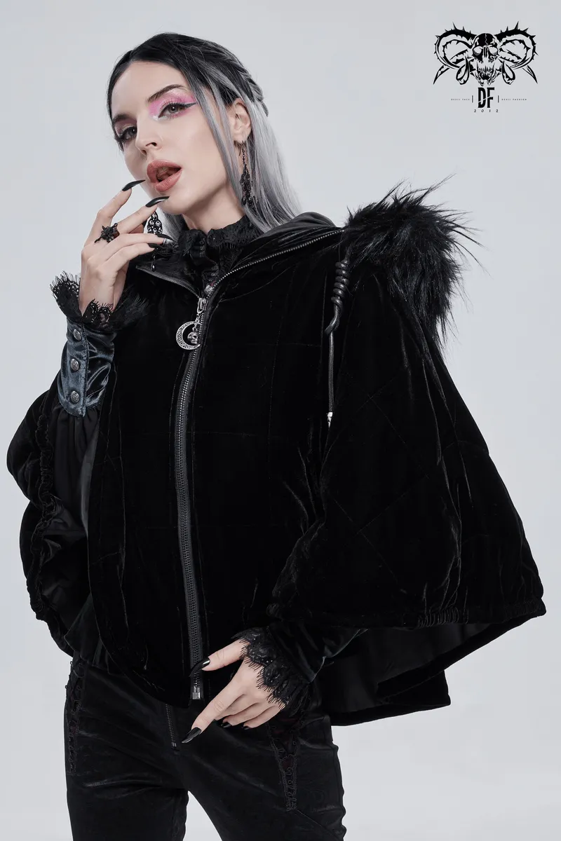 Gothic Faux Fur Hooded Cape / Warm Short Zipper Cape for Women / Alternative Female Clothing