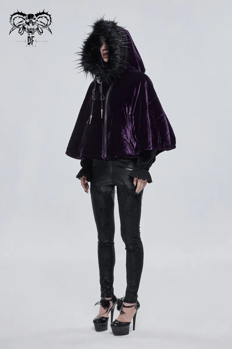 Gothic Faux Fur Hooded Velvet Cape / Warm Purple Zipper Cape for Women