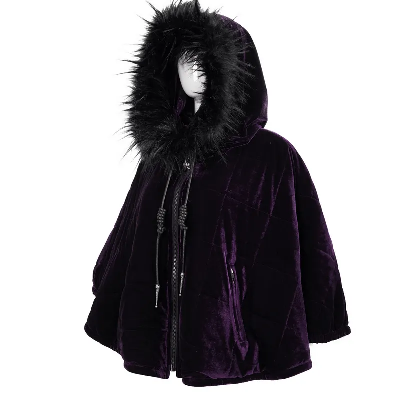 Gothic Faux Fur Hooded Velvet Cape / Warm Purple Zipper Cape for Women