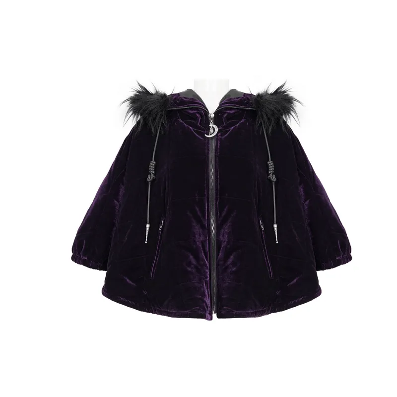 Gothic Faux Fur Hooded Velvet Cape / Warm Purple Zipper Cape for Women