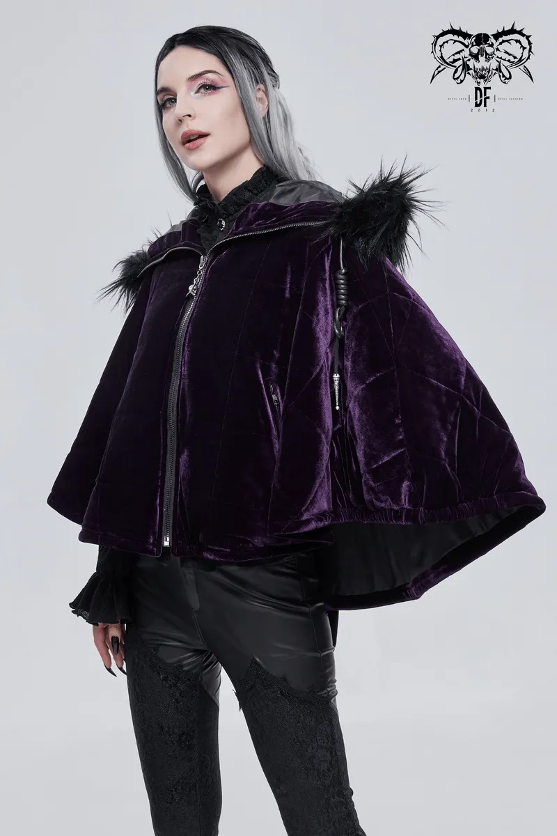 Gothic Faux Fur Hooded Velvet Cape / Warm Purple Zipper Cape for Women