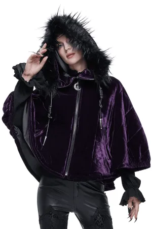 Gothic Faux Fur Hooded Velvet Cape / Warm Purple Zipper Cape for Women