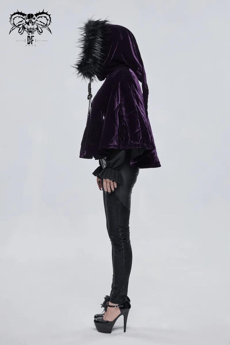 Gothic Faux Fur Hooded Velvet Cape / Warm Purple Zipper Cape for Women