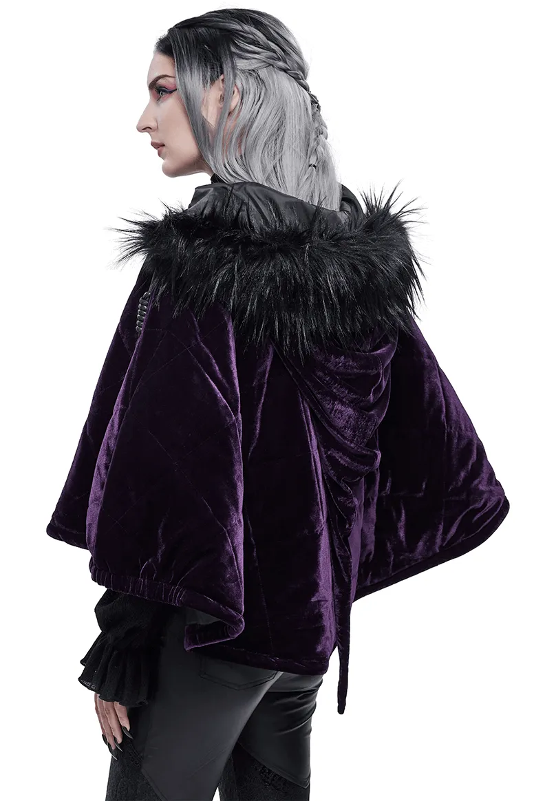 Gothic Faux Fur Hooded Velvet Cape / Warm Purple Zipper Cape for Women