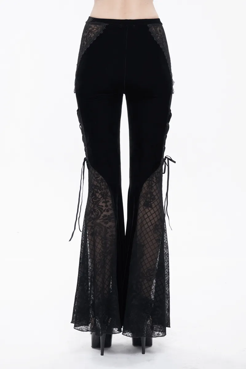 Gothic Velvet Lace Ttansparent Flared Trousers / Sexy Lace Applique Pants With Lace up on Sides