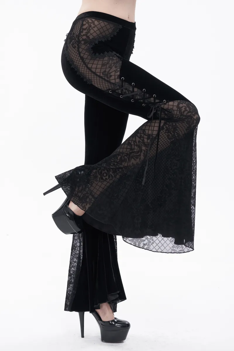 Gothic Velvet Lace Ttansparent Flared Trousers / Sexy Lace Applique Pants With Lace up on Sides