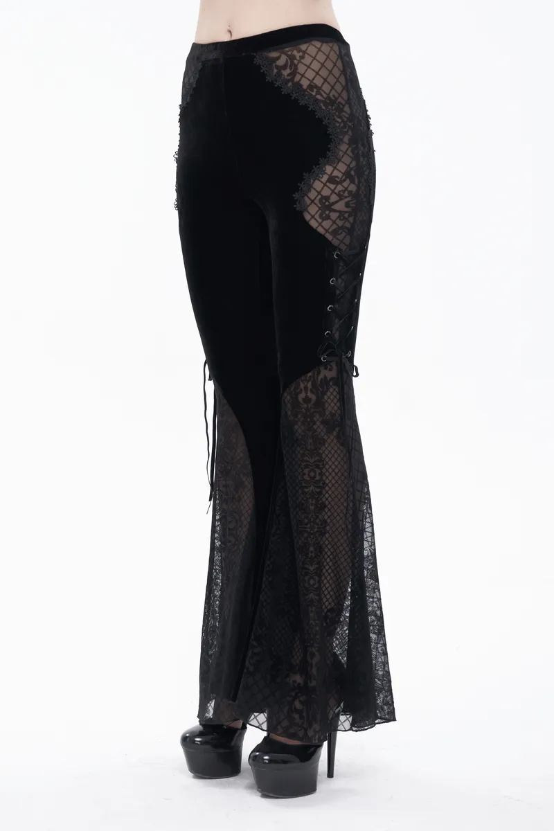 Gothic Velvet Lace Ttansparent Flared Trousers / Sexy Lace Applique Pants With Lace up on Sides