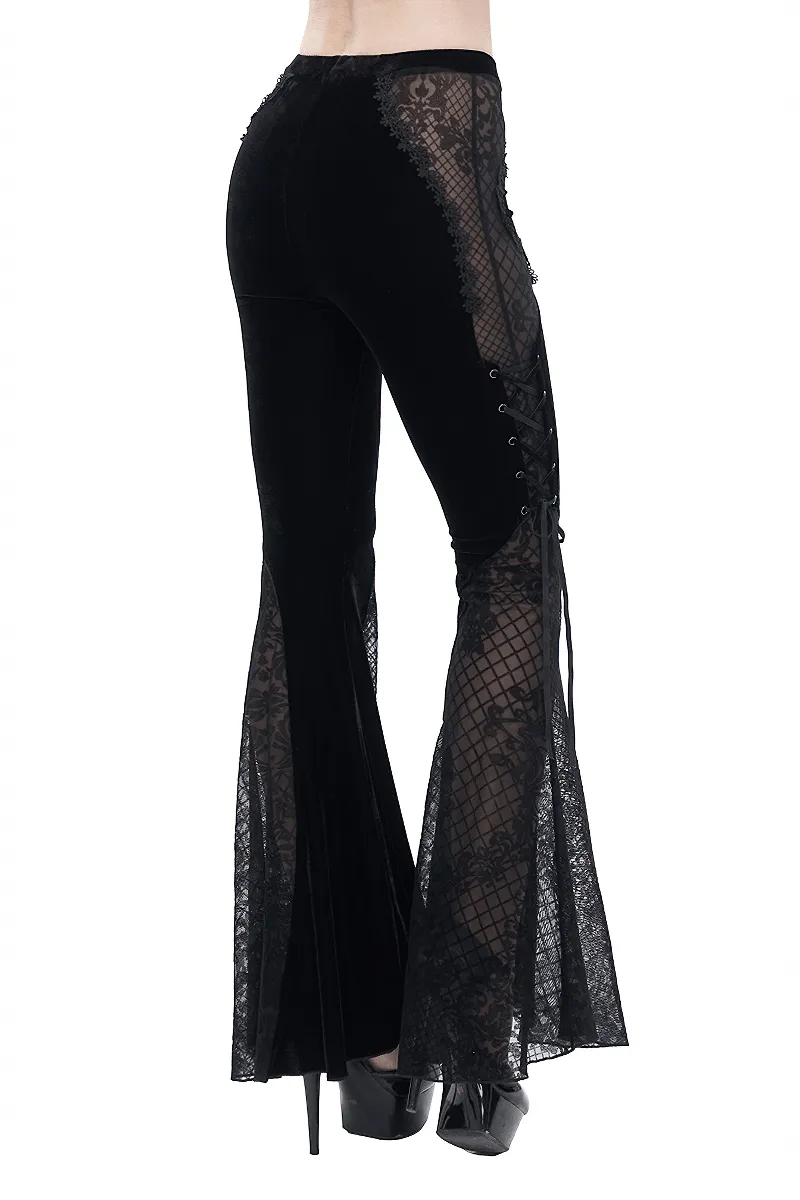 Gothic Velvet Lace Ttansparent Flared Trousers / Sexy Lace Applique Pants With Lace up on Sides