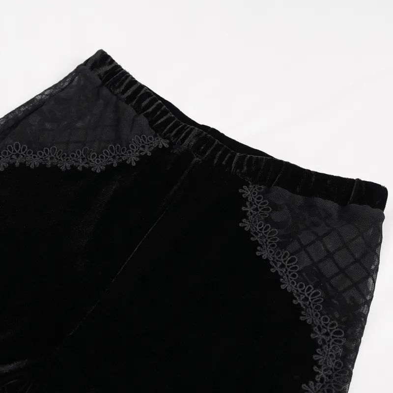 Gothic Velvet Lace Ttansparent Flared Trousers / Sexy Lace Applique Pants With Lace up on Sides