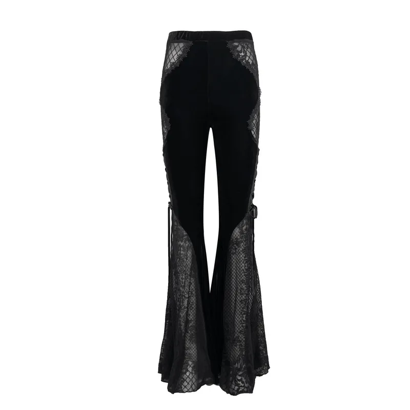 Gothic Velvet Lace Ttansparent Flared Trousers / Sexy Lace Applique Pants With Lace up on Sides