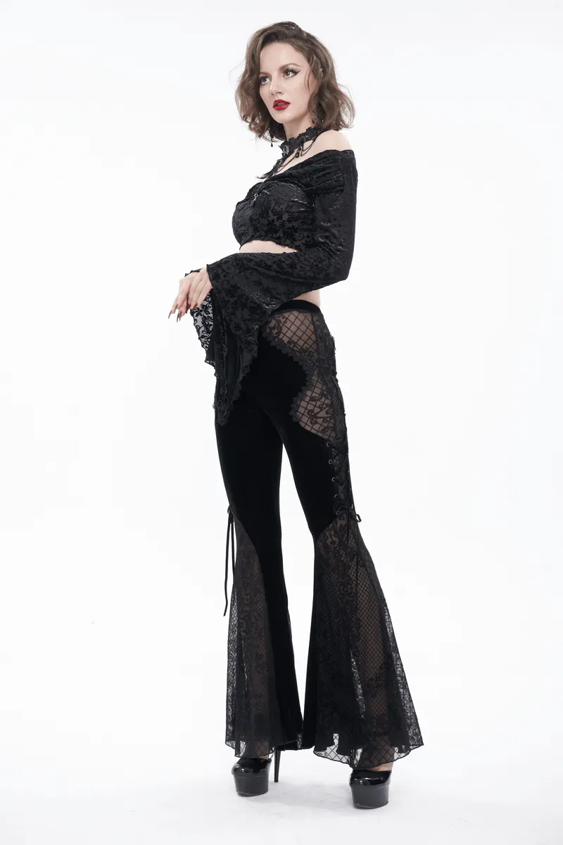 Gothic Velvet Lace Ttansparent Flared Trousers / Sexy Lace Applique Pants With Lace up on Sides