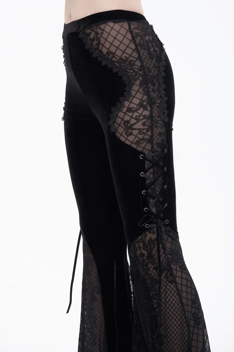 Gothic Velvet Lace Ttansparent Flared Trousers / Sexy Lace Applique Pants With Lace up on Sides