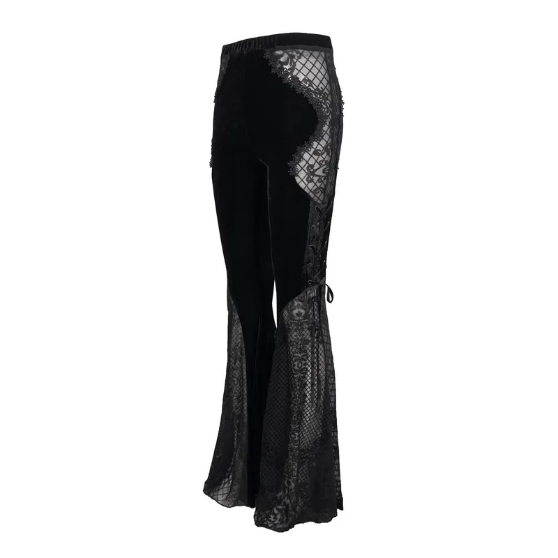 Gothic Velvet Lace Ttansparent Flared Trousers / Sexy Lace Applique Pants With Lace up on Sides