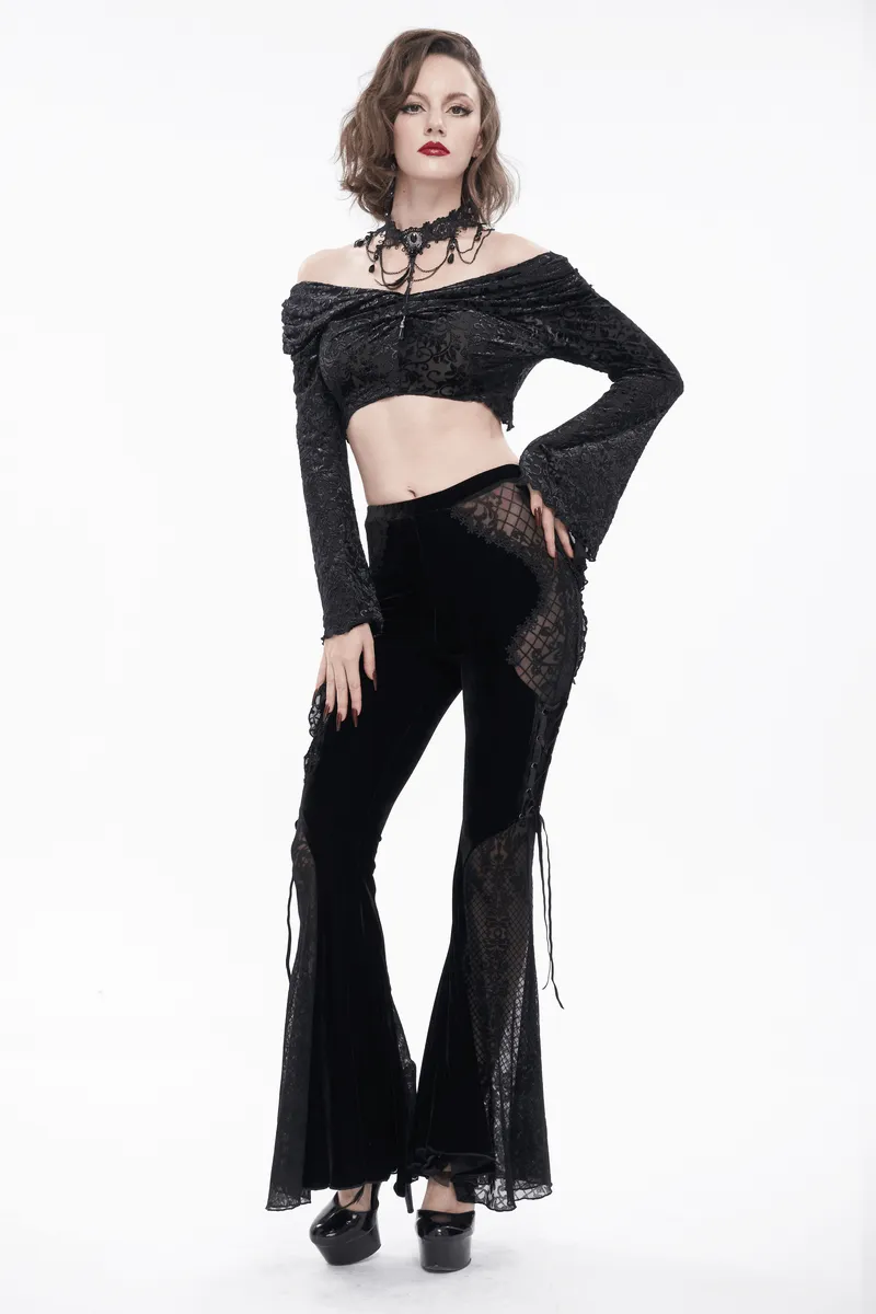 Gothic Velvet Lace Ttansparent Flared Trousers / Sexy Lace Applique Pants With Lace up on Sides