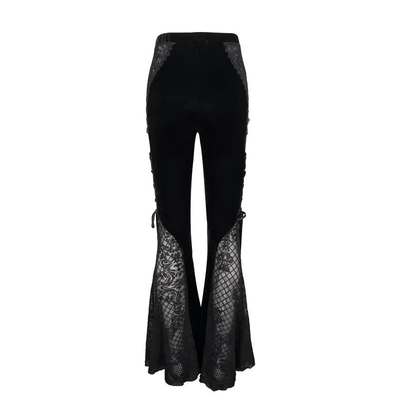 Gothic Velvet Lace Ttansparent Flared Trousers / Sexy Lace Applique Pants With Lace up on Sides