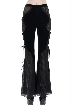 Gothic Velvet Lace Ttansparent Flared Trousers / Sexy Lace Applique Pants With Lace up on Sides